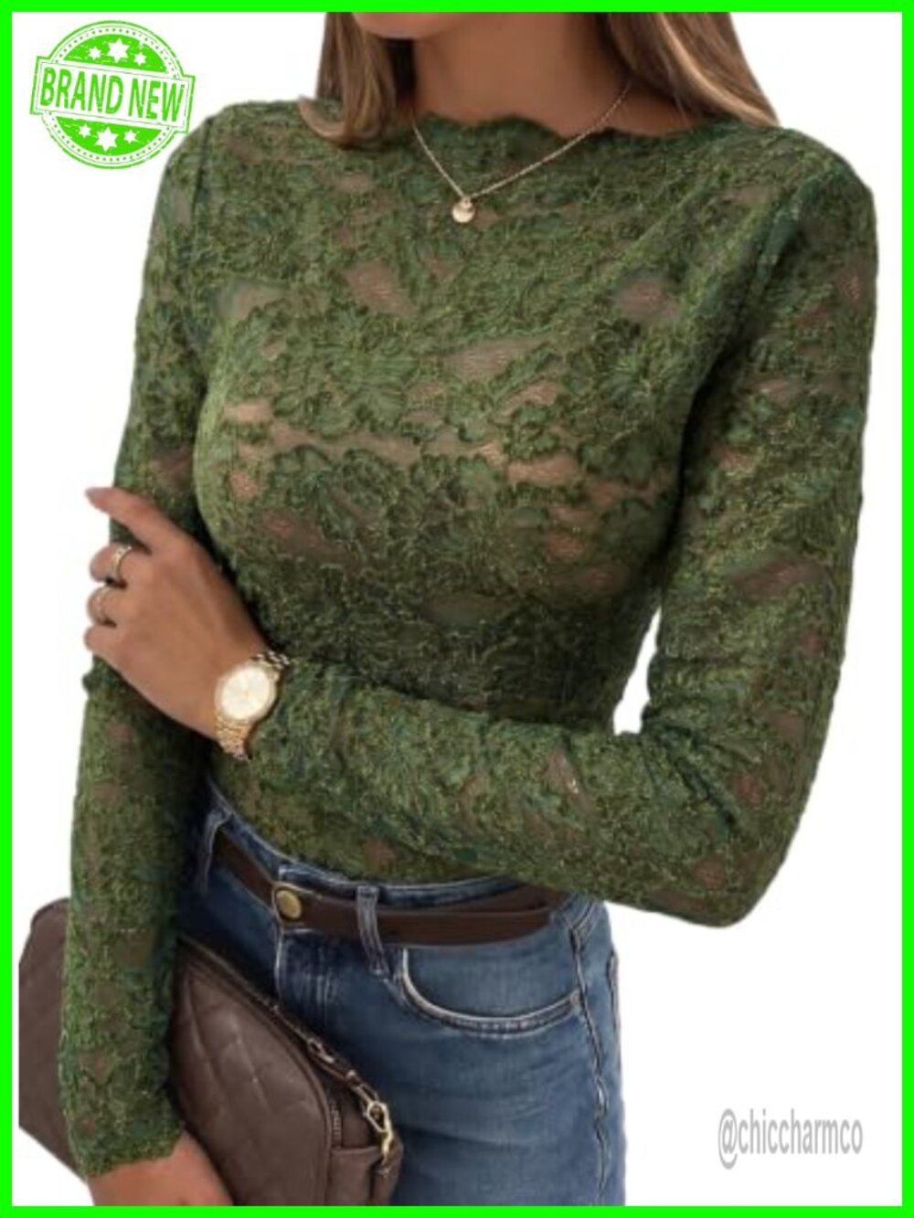 Lace Long Sleeve Top Sheer Mesh Blouse Slim Fit Pullover Women's
